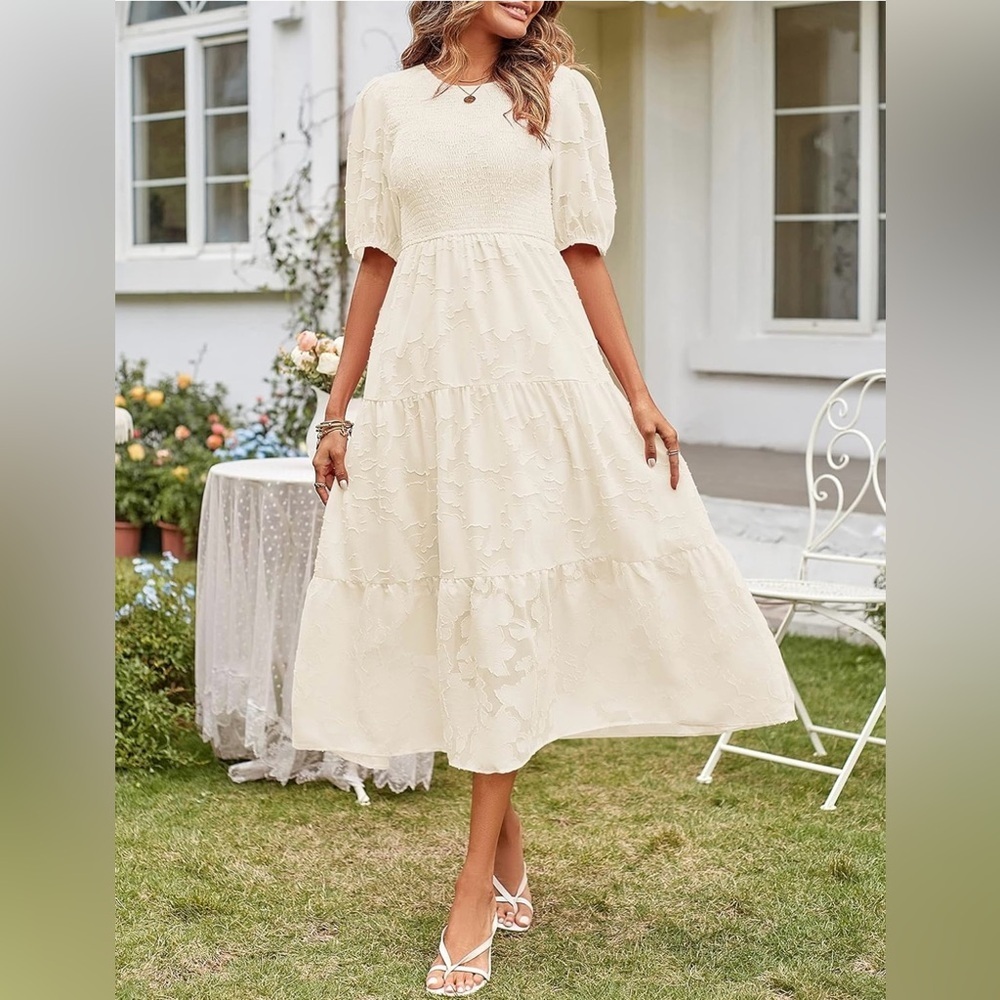 MEROKEETY Women's Puff Sleeve Smocked Dress Crewneck Lace MIDI